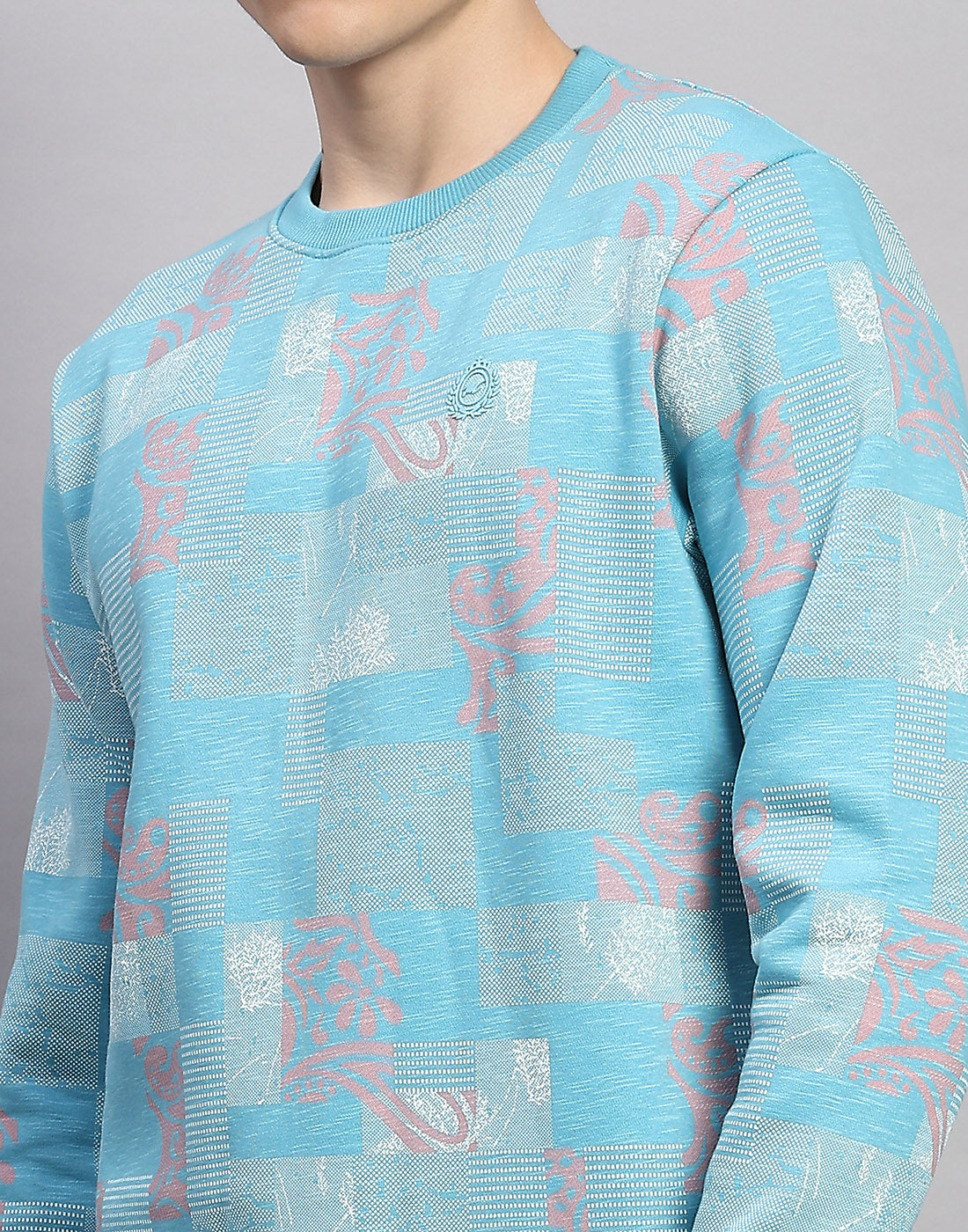 Men Sky Blue Printed Round Neck Full Sleeve Sweatshirt