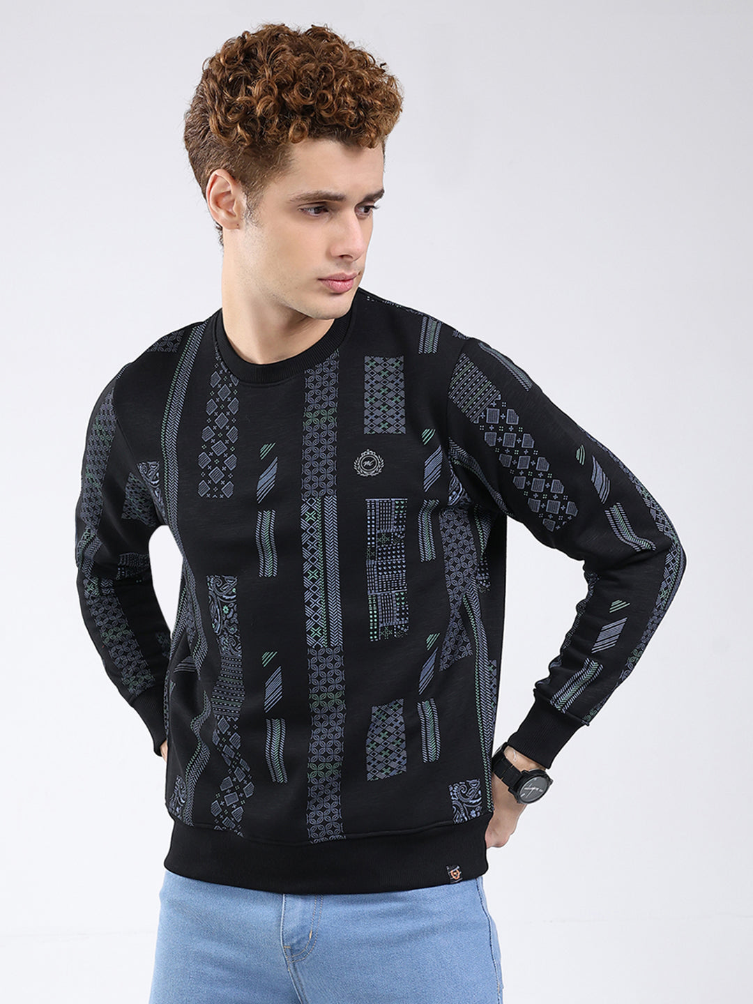 Men Black Printed Round Neck Full Sleeve Sweatshirt