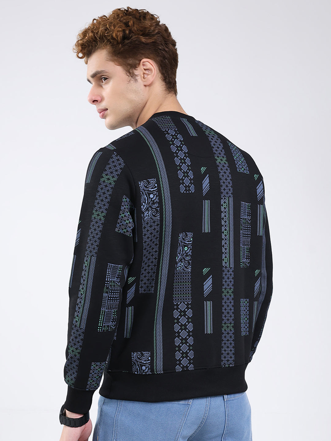Men Black Printed Round Neck Full Sleeve Sweatshirt