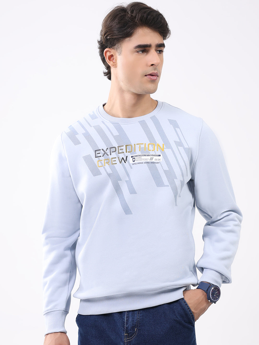 Men Sky Blue Printed Round Neck Full Sleeve Sweatshirt