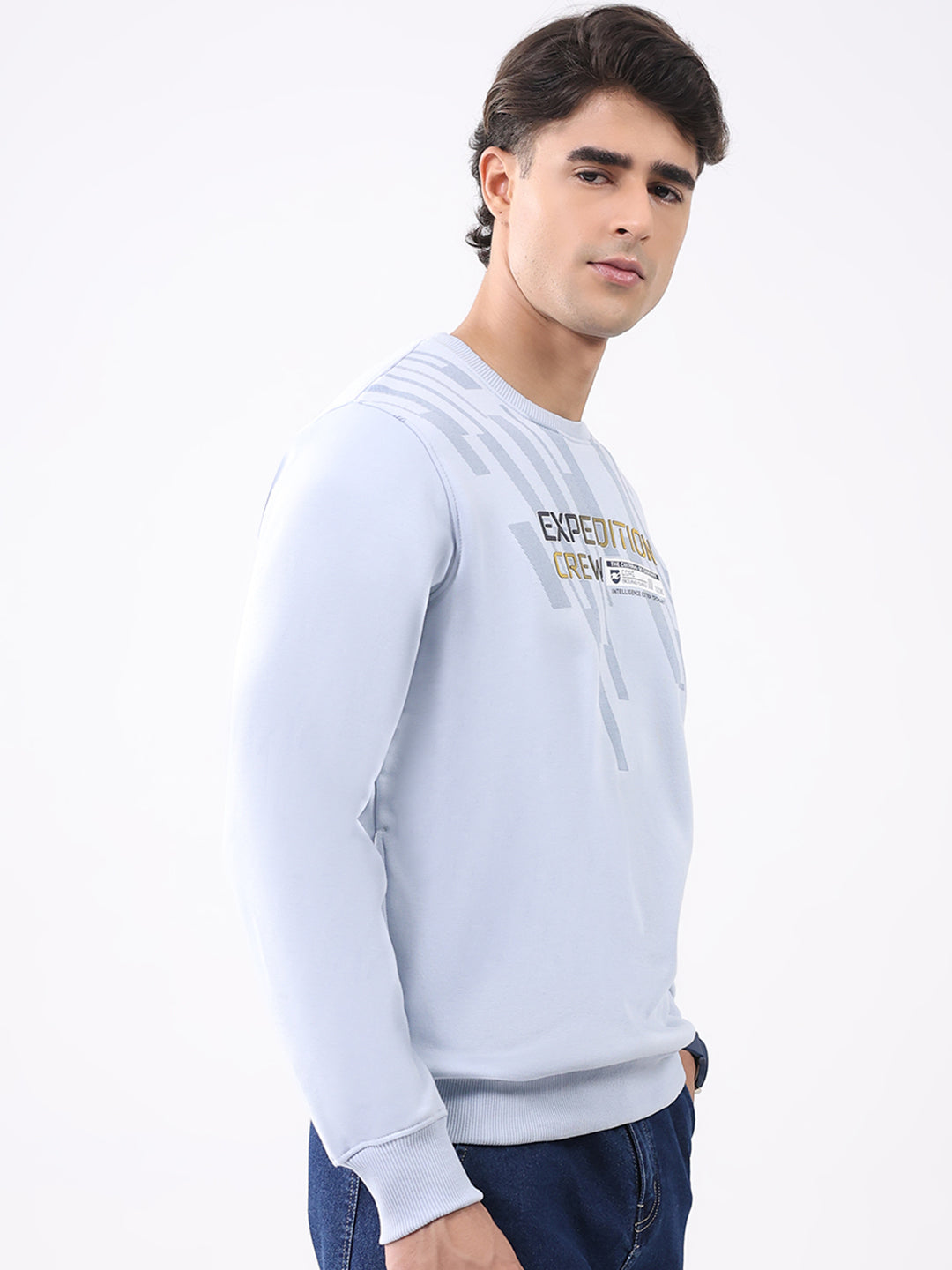 Men Sky Blue Printed Round Neck Full Sleeve Sweatshirt