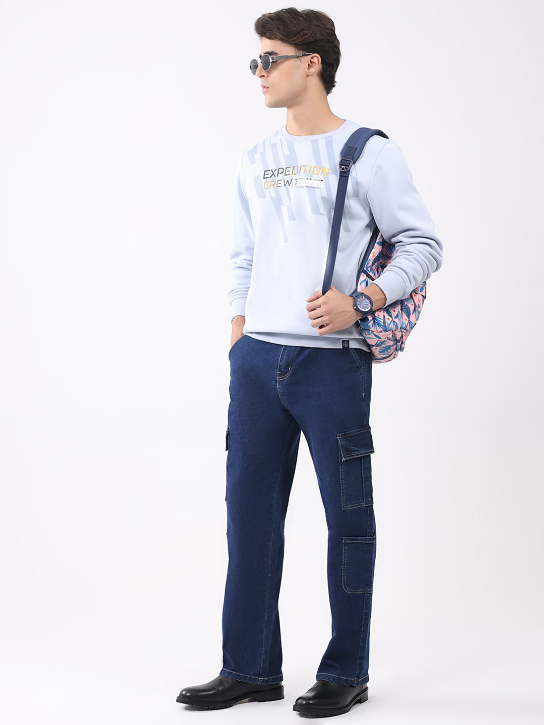Men Sky Blue Printed Round Neck Full Sleeve Sweatshirt