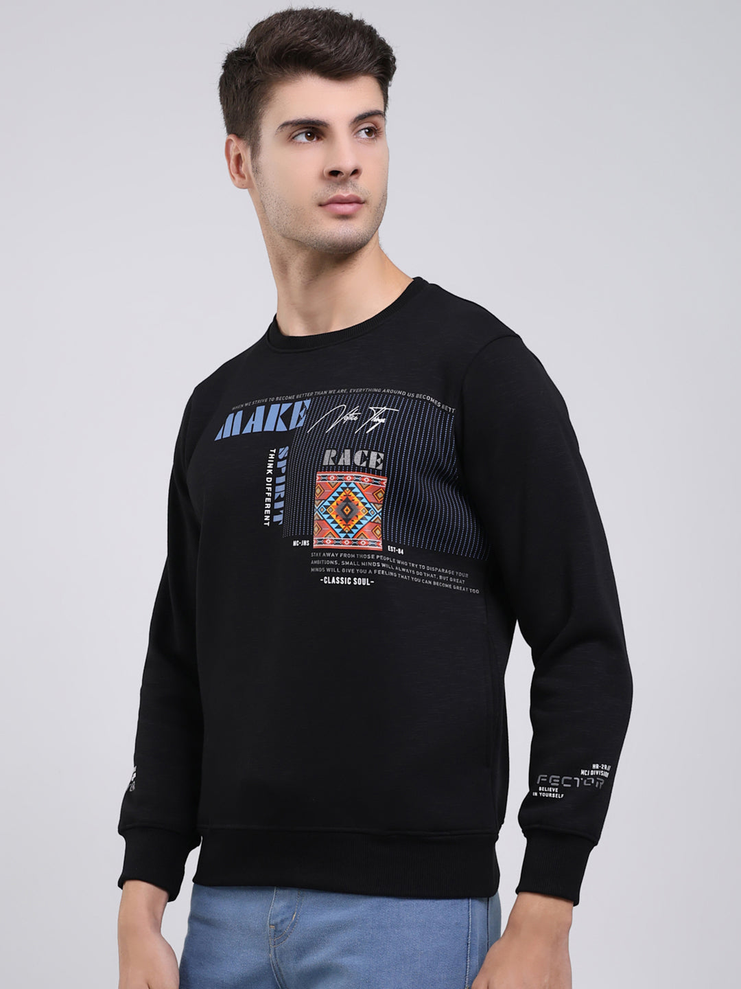Men Black Printed Round Neck Full Sleeve Sweatshirt