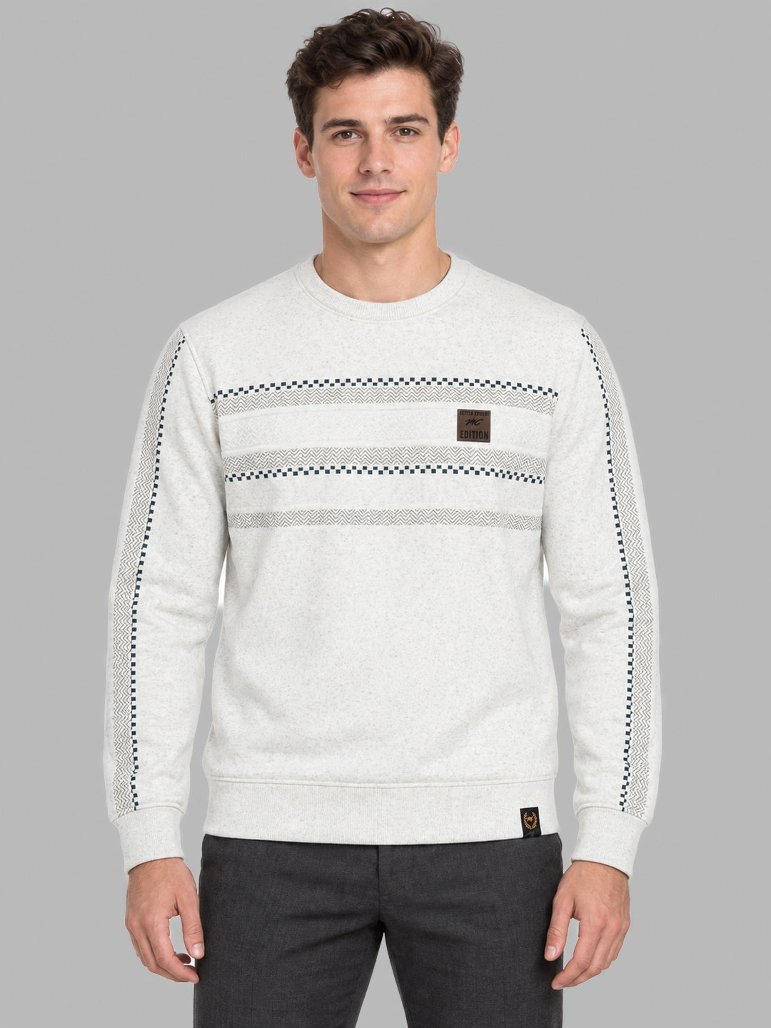 Men Off White Printed Round Neck Full Sleeve Sweatshirt