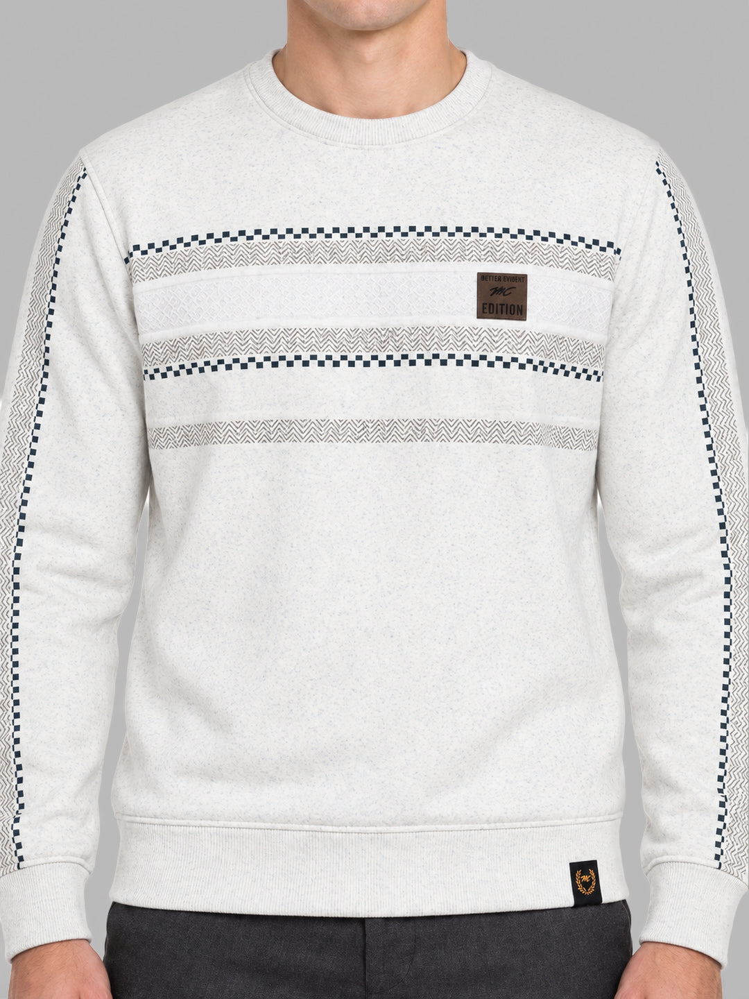 Men Off White Printed Round Neck Full Sleeve Sweatshirt