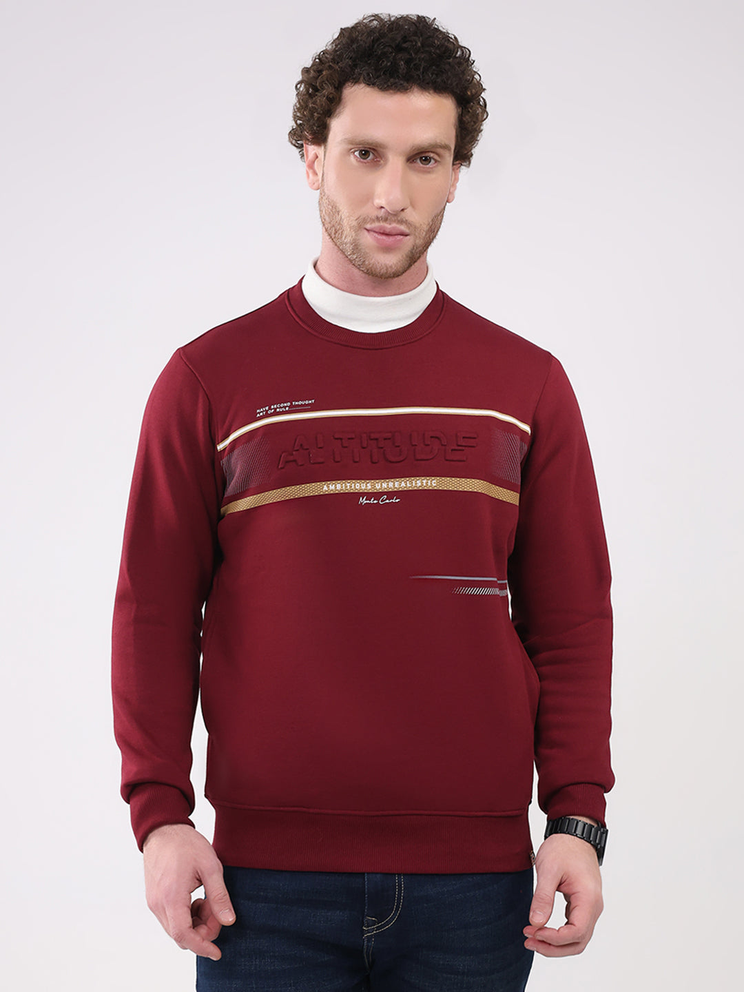 Men Maroon Printed Round Neck Full Sleeve Sweatshirt