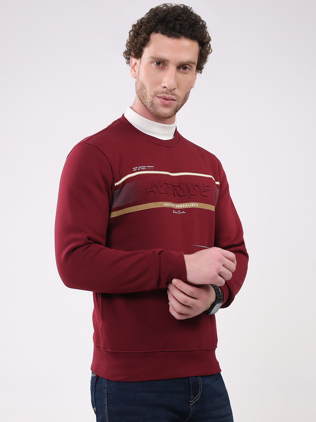 Men Maroon Printed Round Neck Full Sleeve Sweatshirt