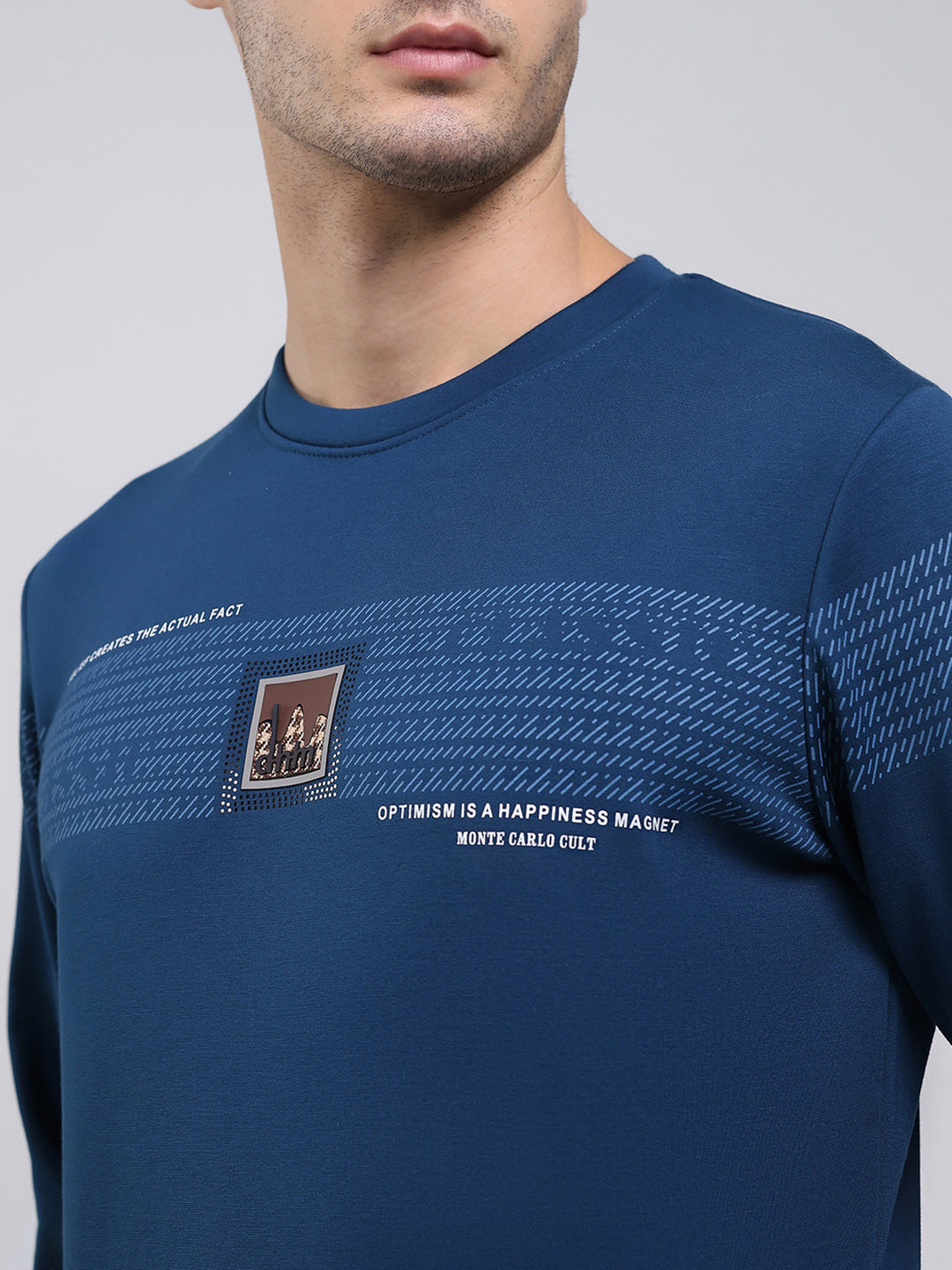 Men Blue Printed Round Neck Full Sleeve Sweatshirt