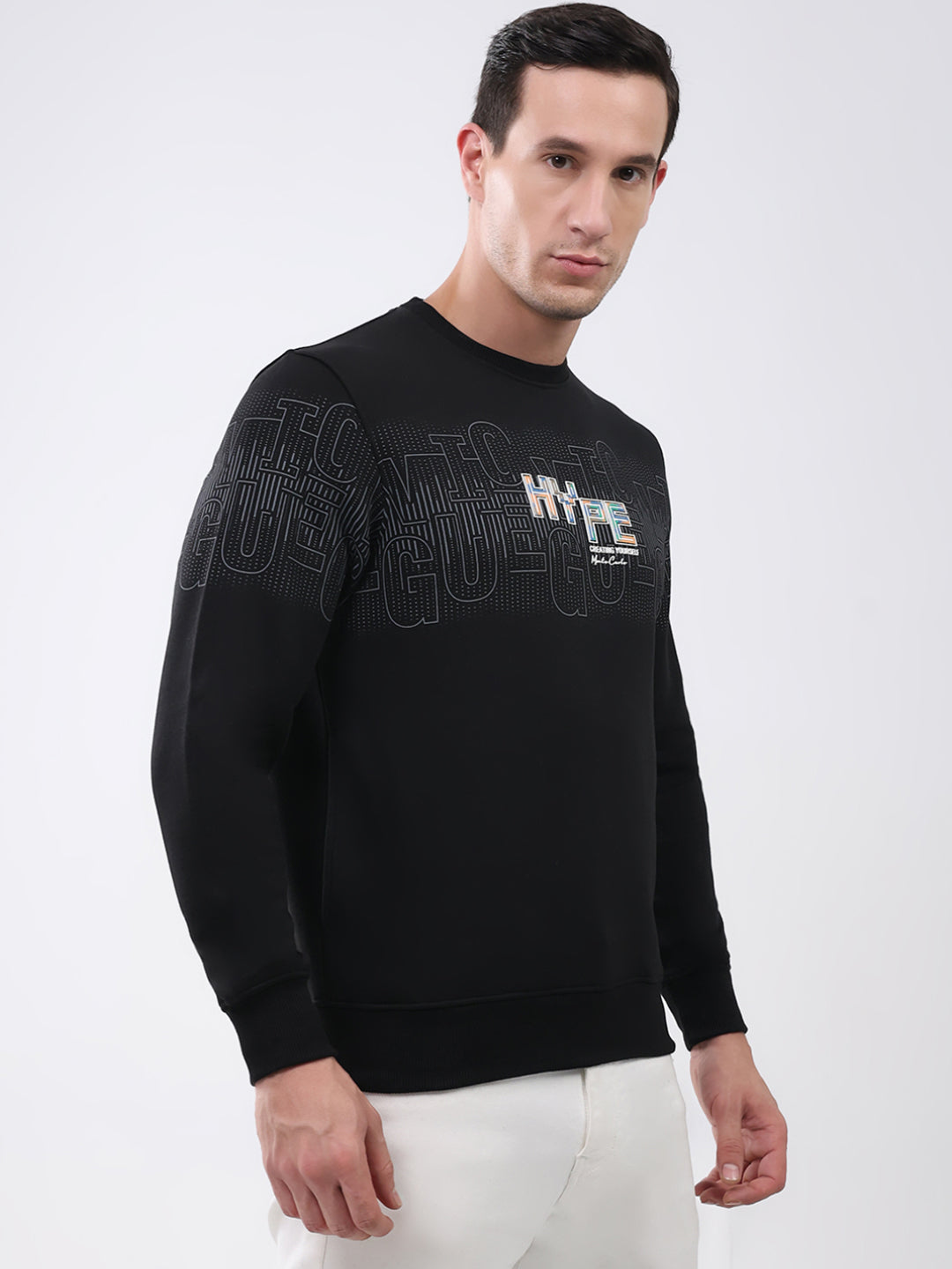 Men Black Printed Round Neck Full Sleeve Sweatshirt