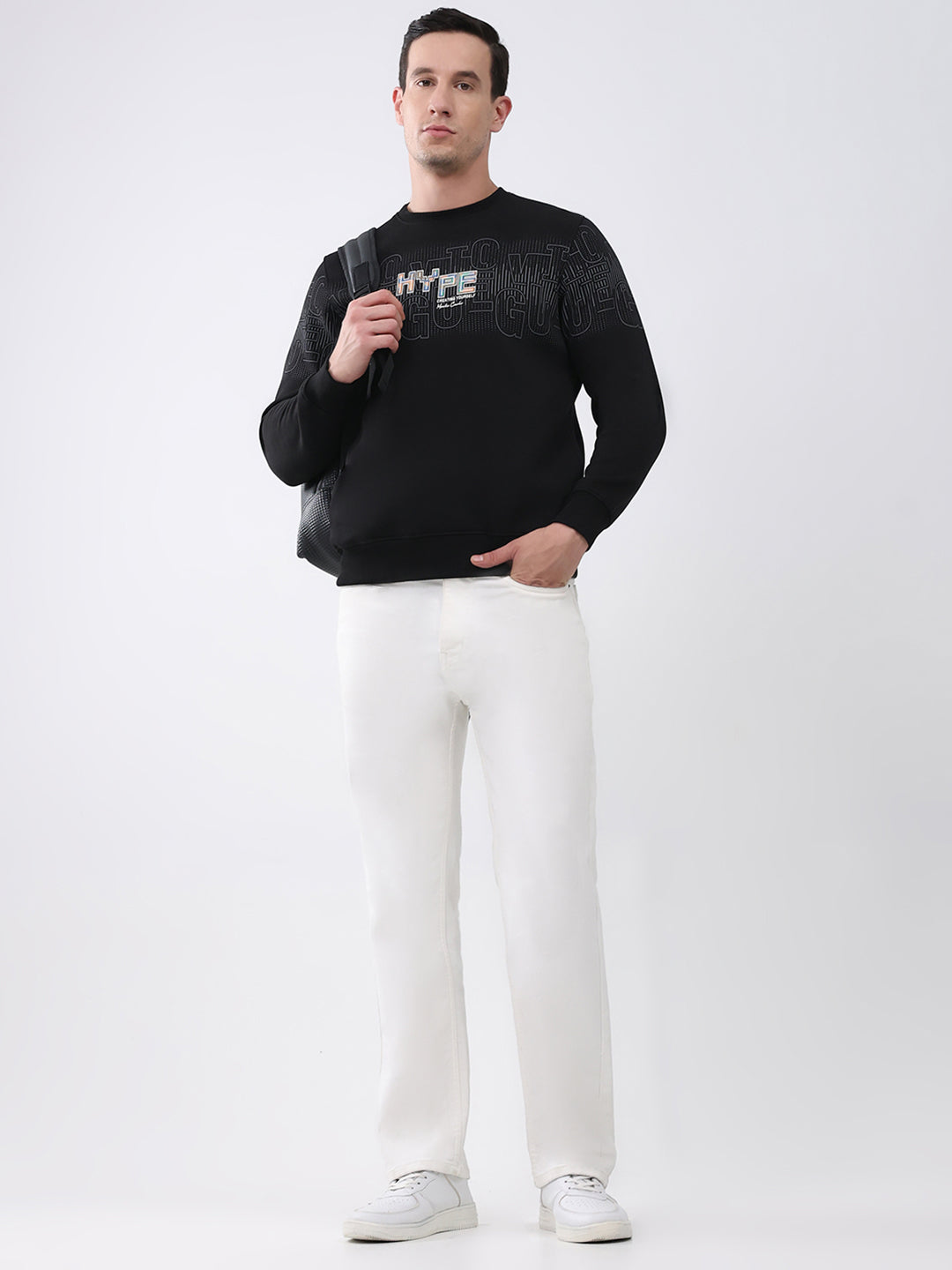 Men Black Printed Round Neck Full Sleeve Sweatshirt
