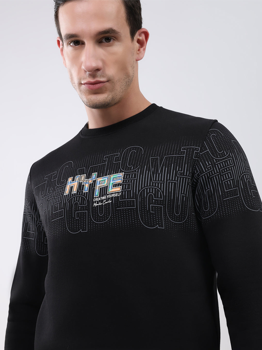 Men Black Printed Round Neck Full Sleeve Sweatshirt