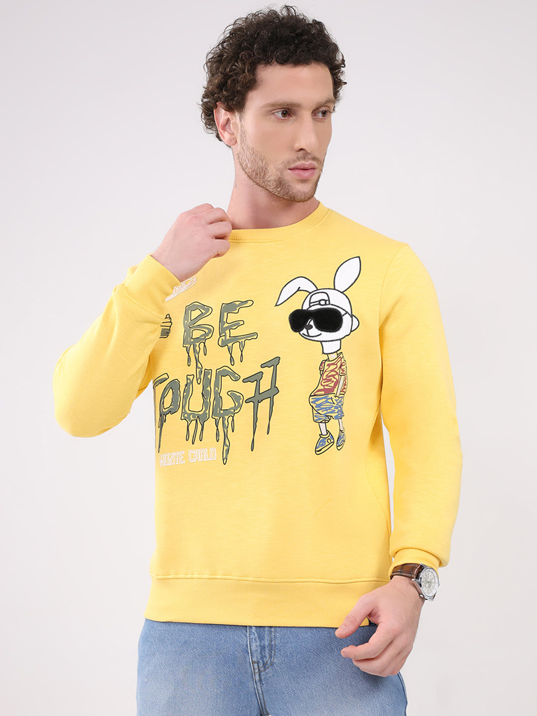 Men Yellow Printed Round Neck Full Sleeve Sweatshirt