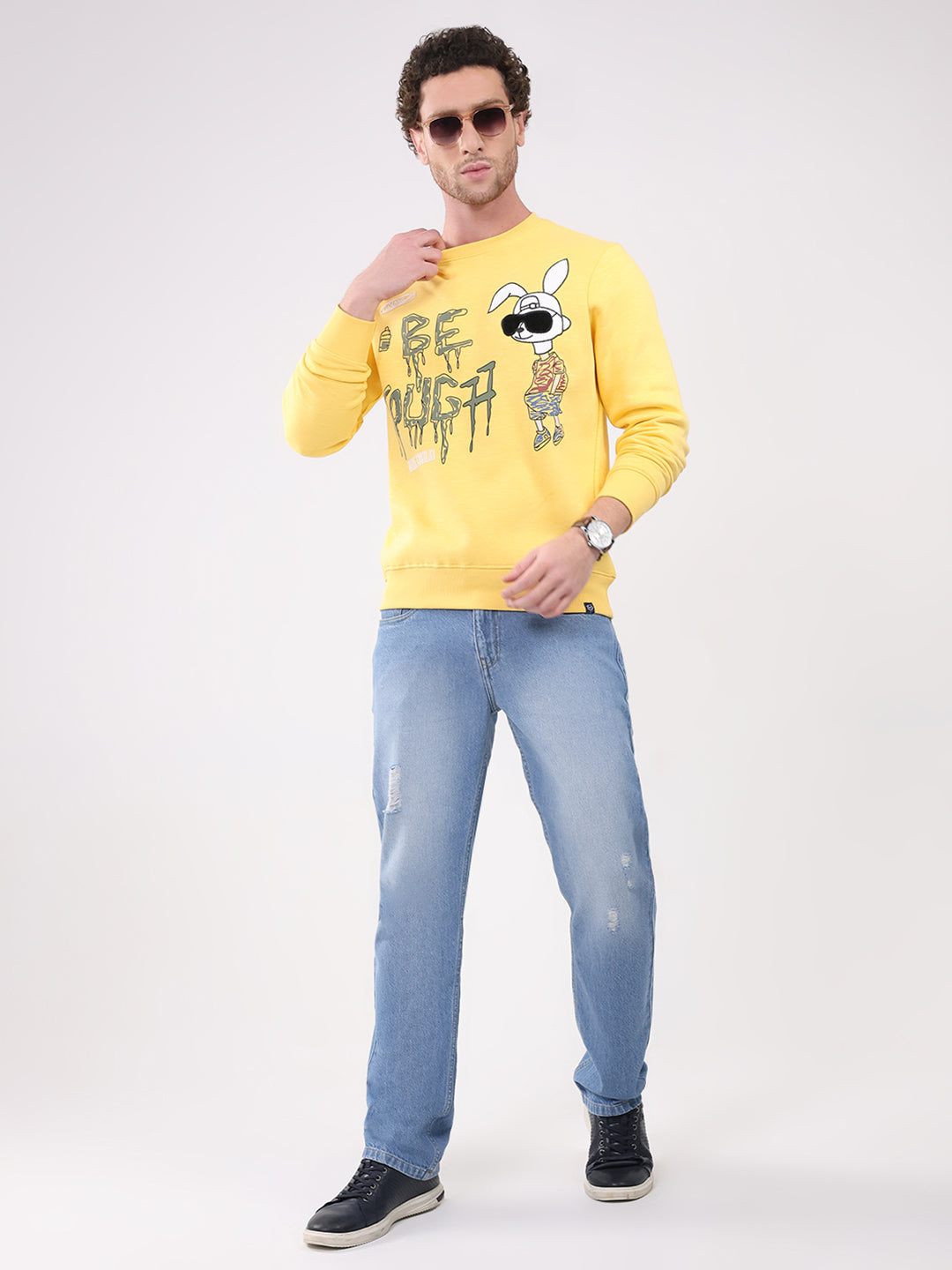 Men Yellow Printed Round Neck Full Sleeve Sweatshirt