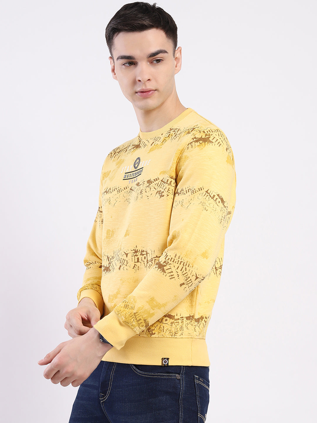Men Yellow Printed Round Neck Full Sleeve Sweatshirt