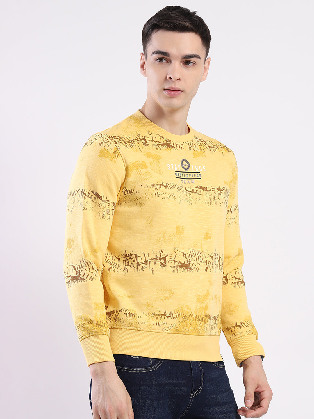 Men Yellow Printed Round Neck Full Sleeve Sweatshirt