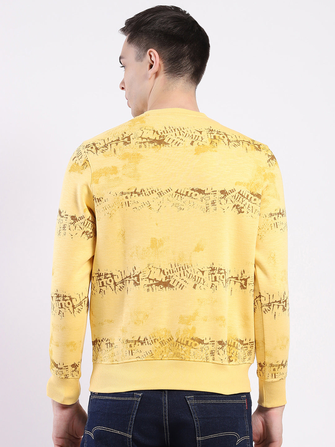 Men Yellow Printed Round Neck Full Sleeve Sweatshirt