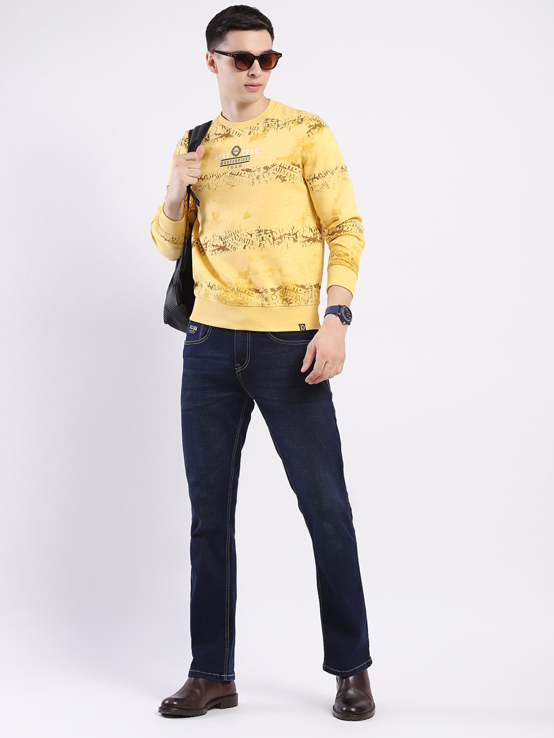 Men Yellow Printed Round Neck Full Sleeve Sweatshirt