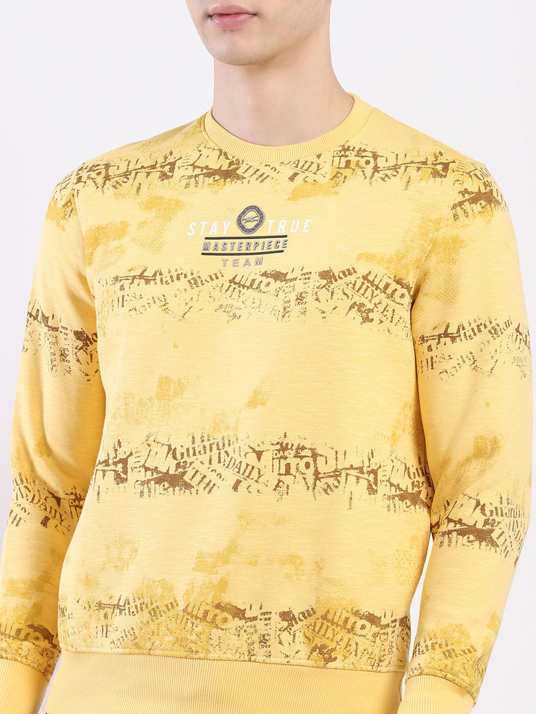 Men Yellow Printed Round Neck Full Sleeve Sweatshirt