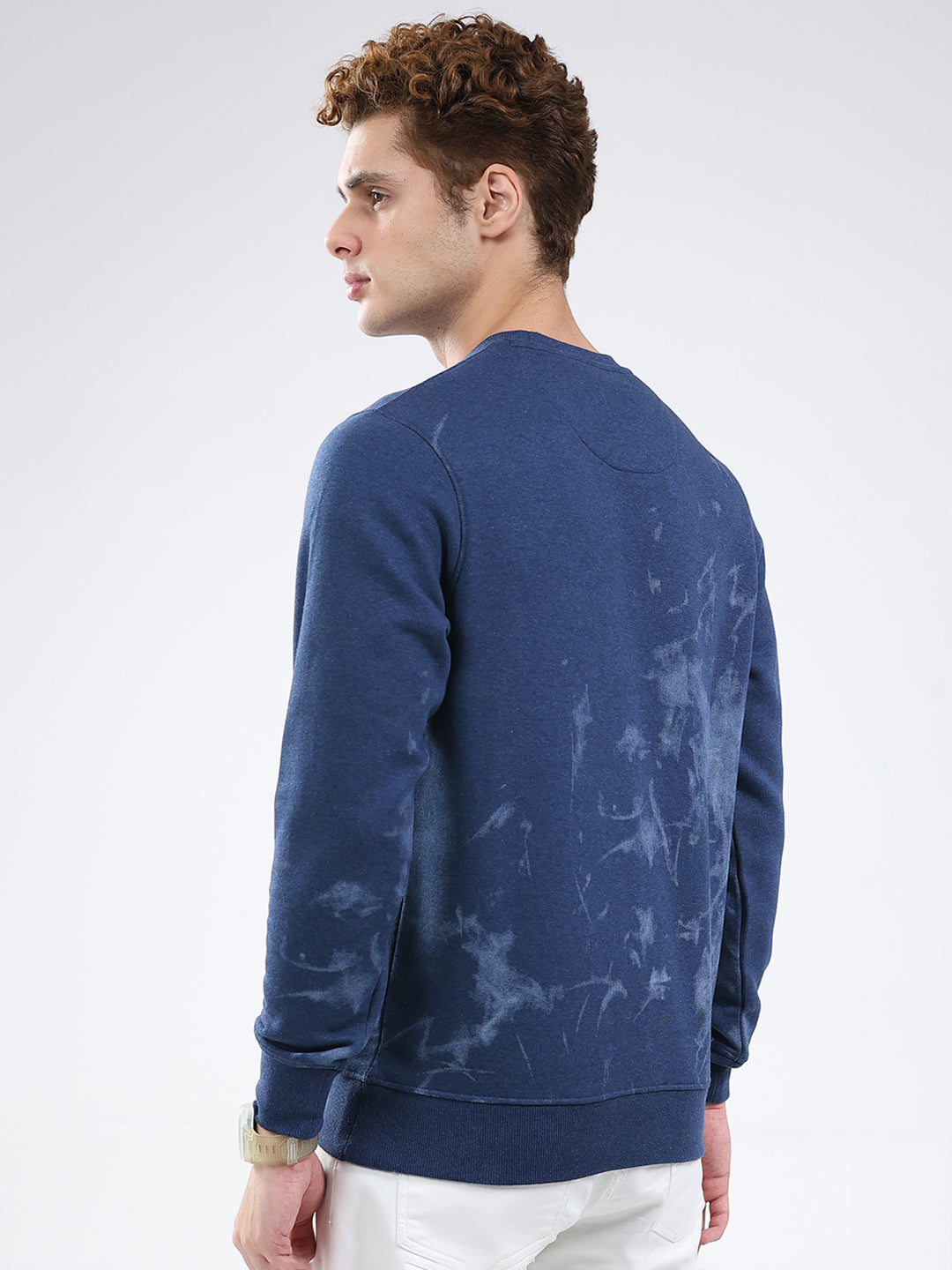 Men Blue Printed Round Neck Full Sleeve Sweatshirt