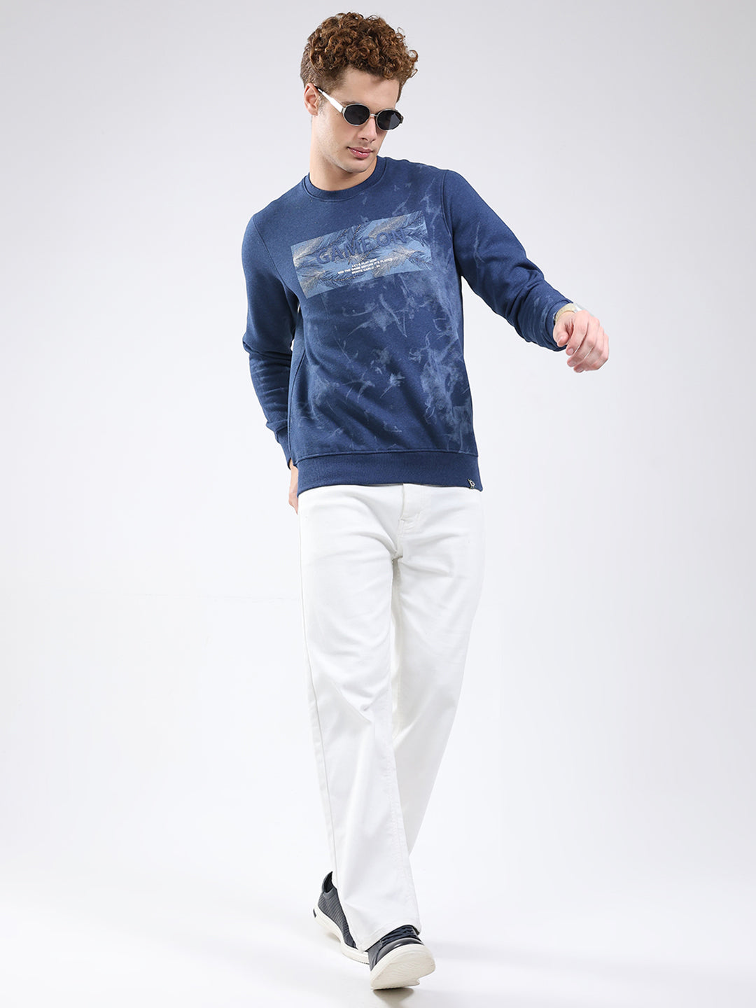 Men Blue Printed Round Neck Full Sleeve Sweatshirt