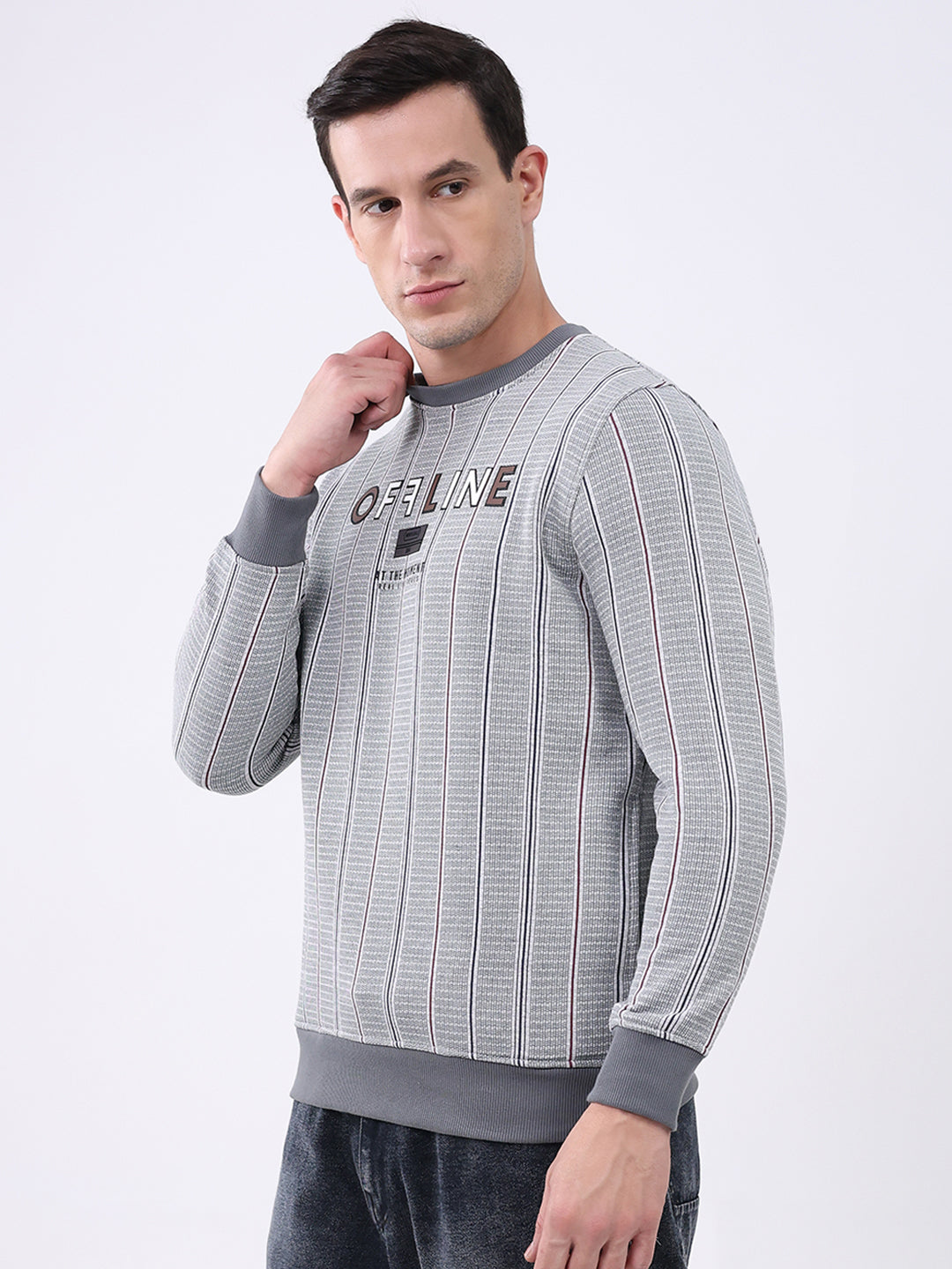 Men Grey Printed Round Neck Full Sleeve Sweatshirt