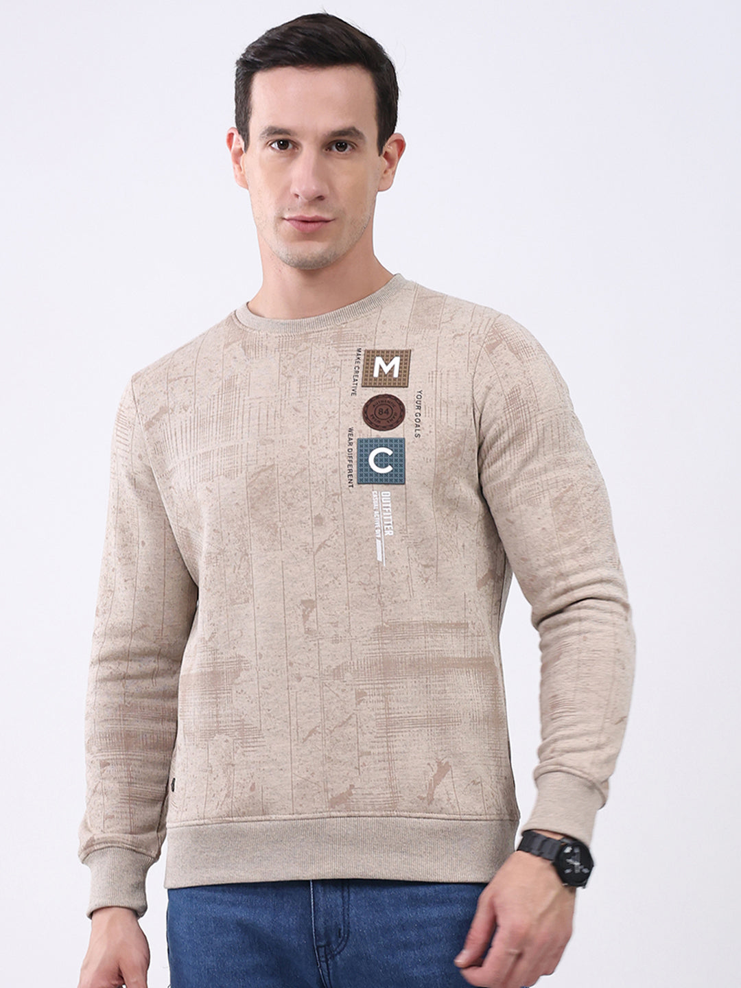Men Beige Printed Round Neck Full Sleeve Sweatshirt