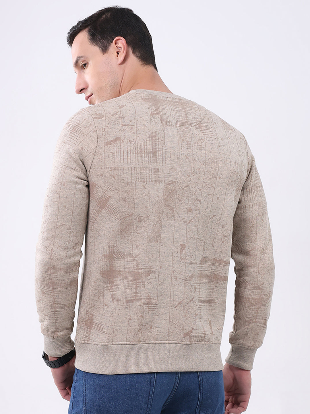 Men Beige Printed Round Neck Full Sleeve Sweatshirt