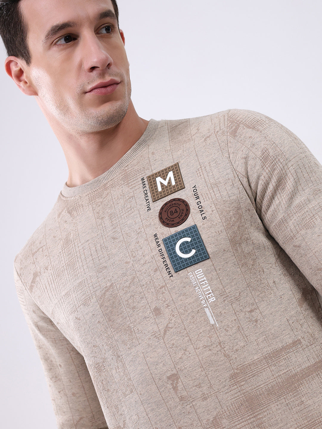Men Beige Printed Round Neck Full Sleeve Sweatshirt
