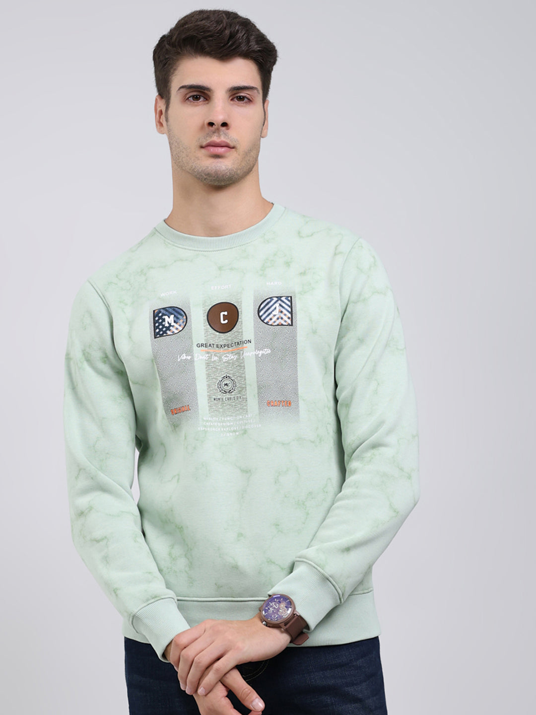 Men Mint Green Printed Round Neck Full Sleeve Sweatshirt