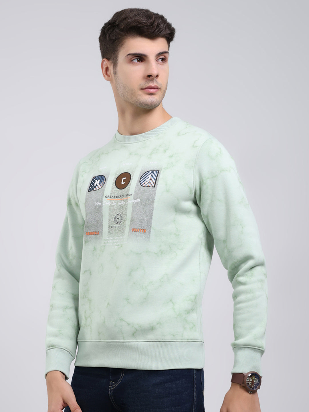 Men Mint Green Printed Round Neck Full Sleeve Sweatshirt