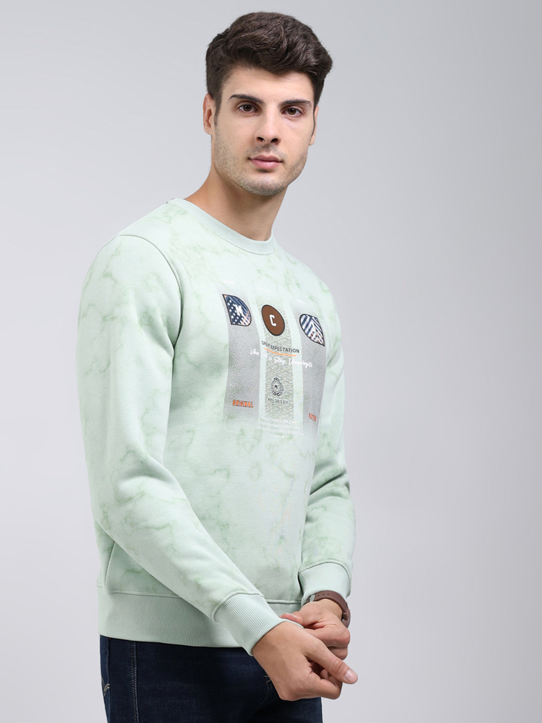 Men Mint Green Printed Round Neck Full Sleeve Sweatshirt