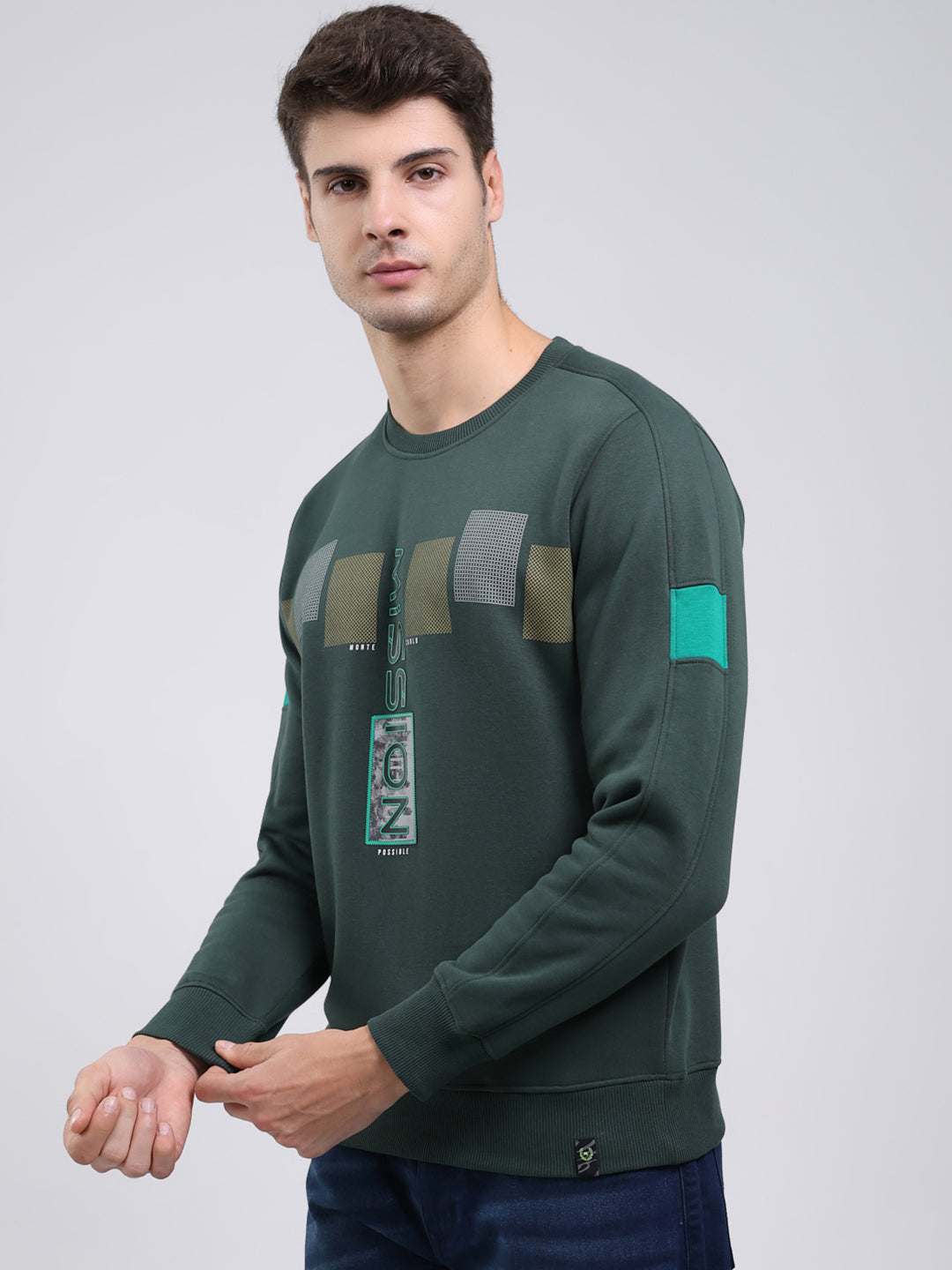 Men Green Printed Round Neck Full Sleeve Sweatshirt