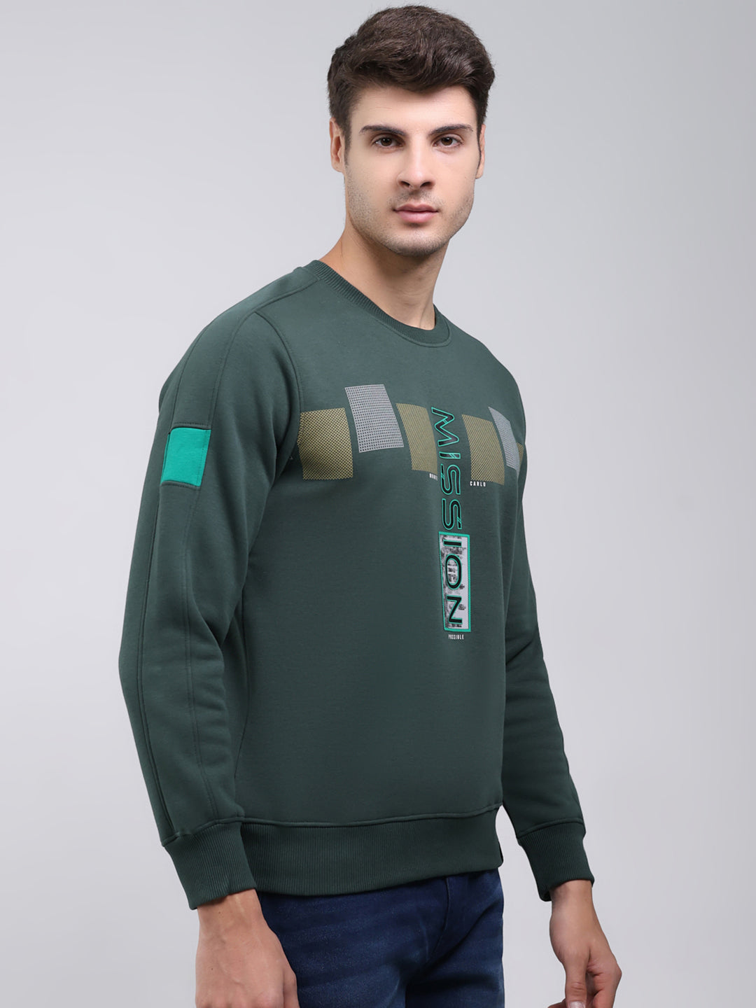 Men Green Printed Round Neck Full Sleeve Sweatshirt