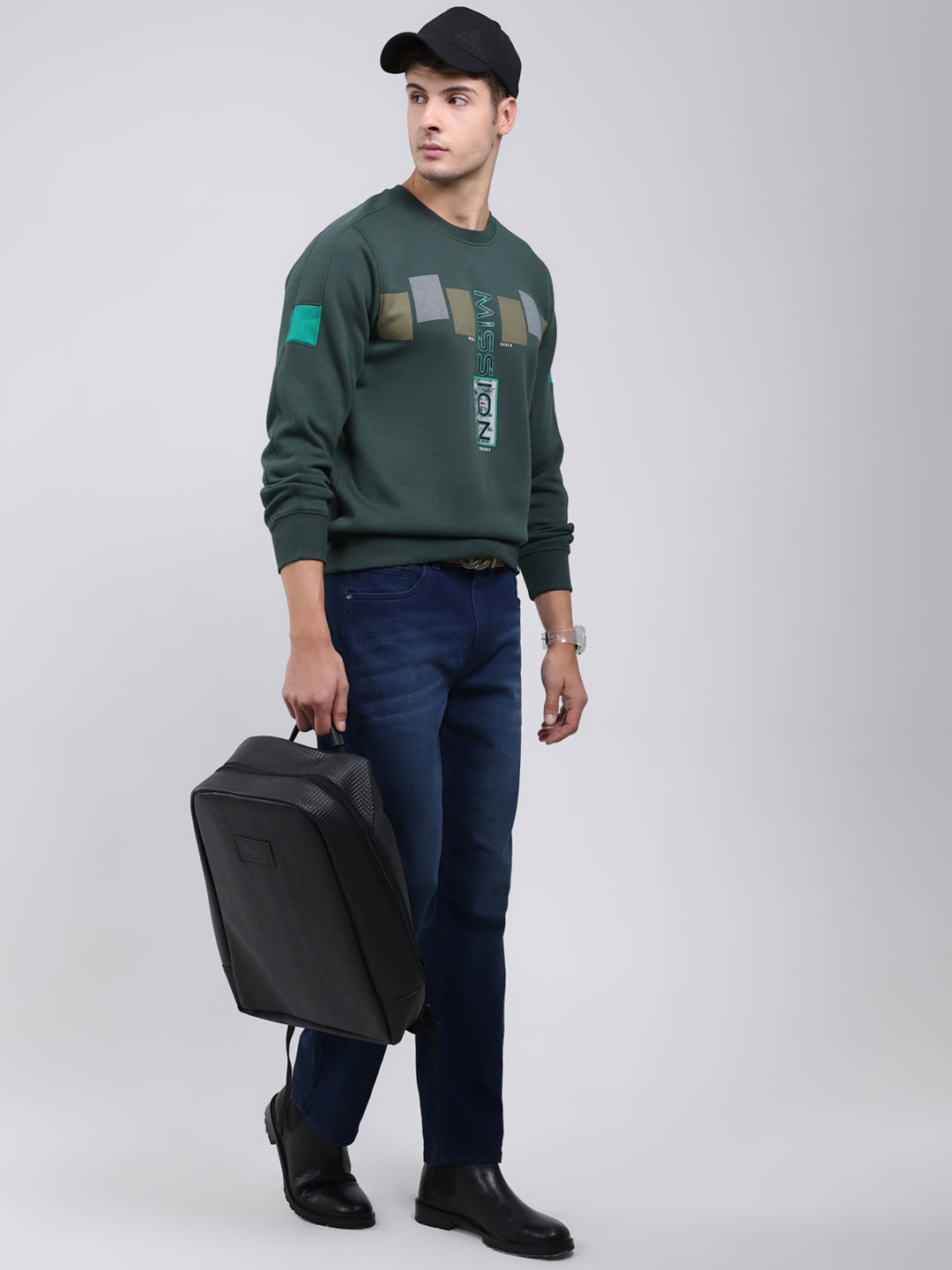 Men Green Printed Round Neck Full Sleeve Sweatshirt