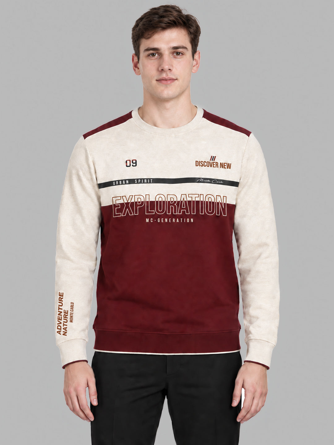 Men Maroon Printed Round Neck Full Sleeve Sweatshirt