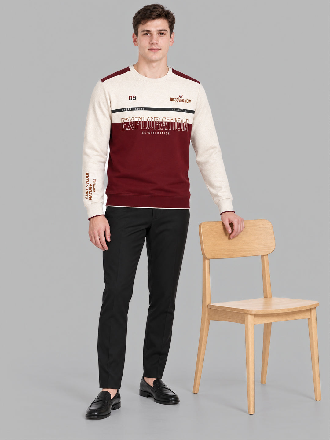 Men Maroon Printed Round Neck Full Sleeve Sweatshirt