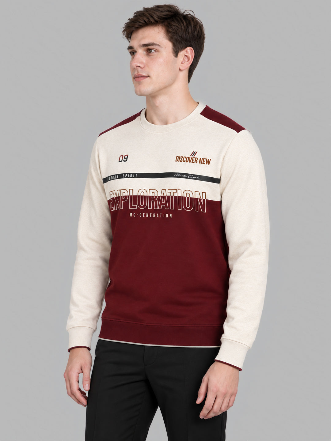 Men Maroon Printed Round Neck Full Sleeve Sweatshirt