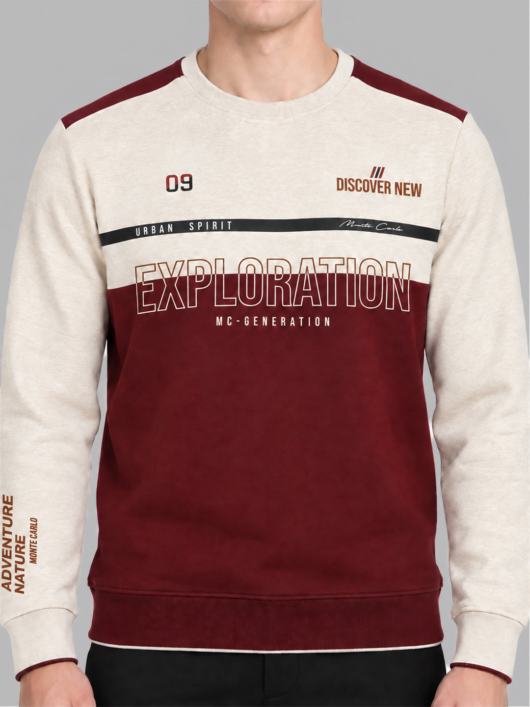 Men Maroon Printed Round Neck Full Sleeve Sweatshirt