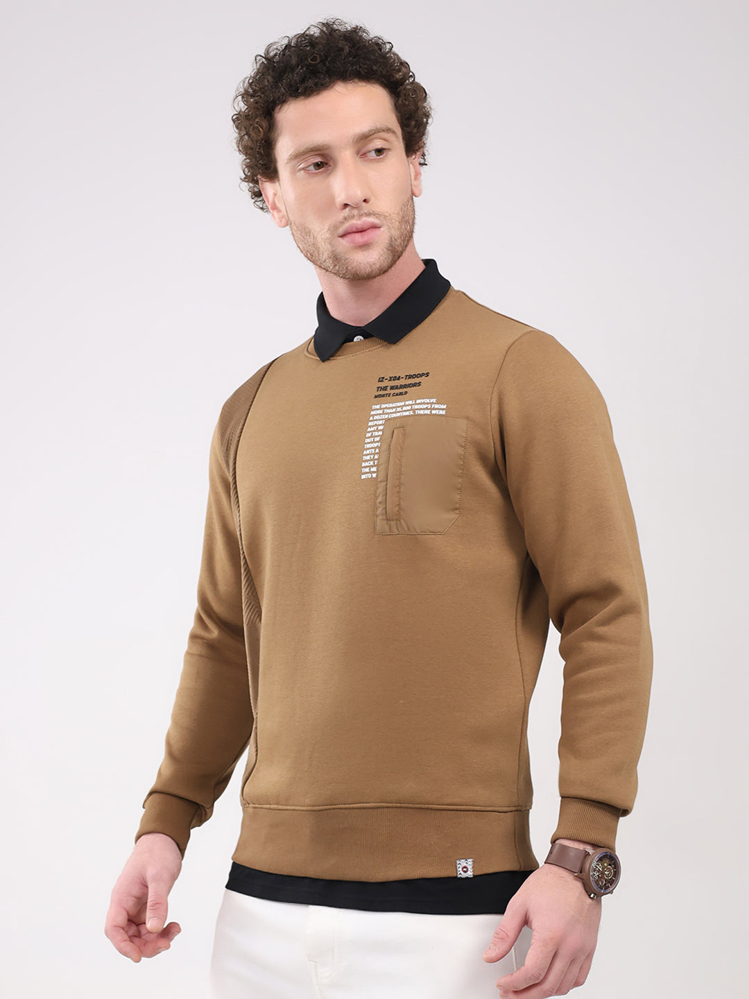 Men Camel Brown Printed Round Neck Full Sleeve Sweatshirt