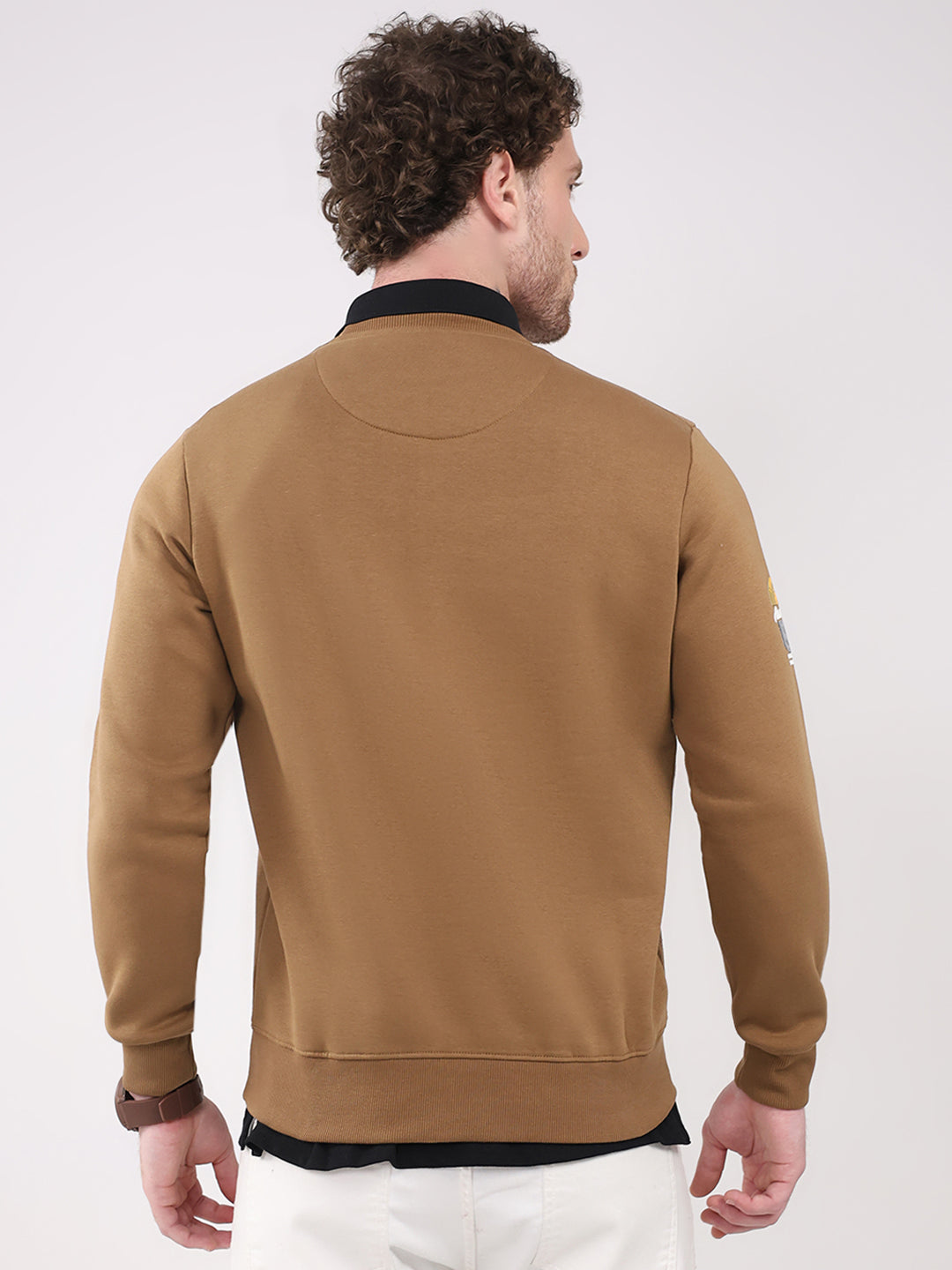 Men Camel Brown Printed Round Neck Full Sleeve Sweatshirt
