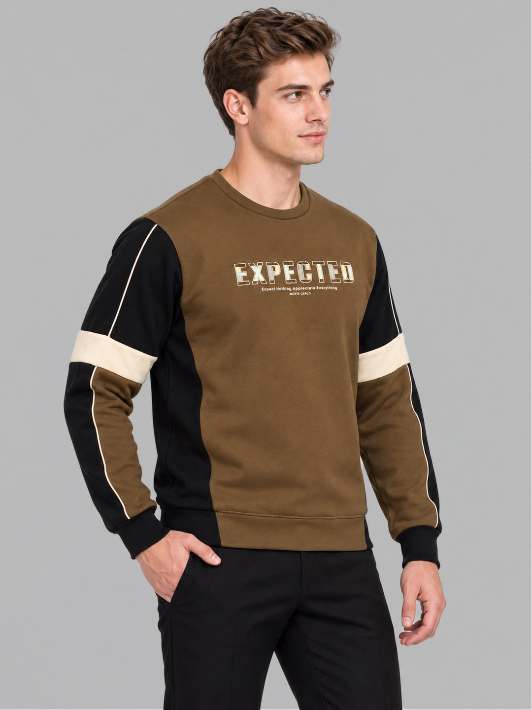 Men Brown Printed Round Neck Full Sleeve Sweatshirt