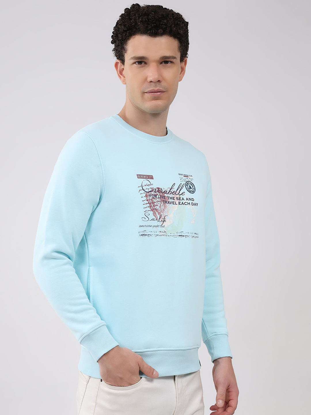 Men Sky Blue Printed Round Neck Full Sleeve Sweatshirt