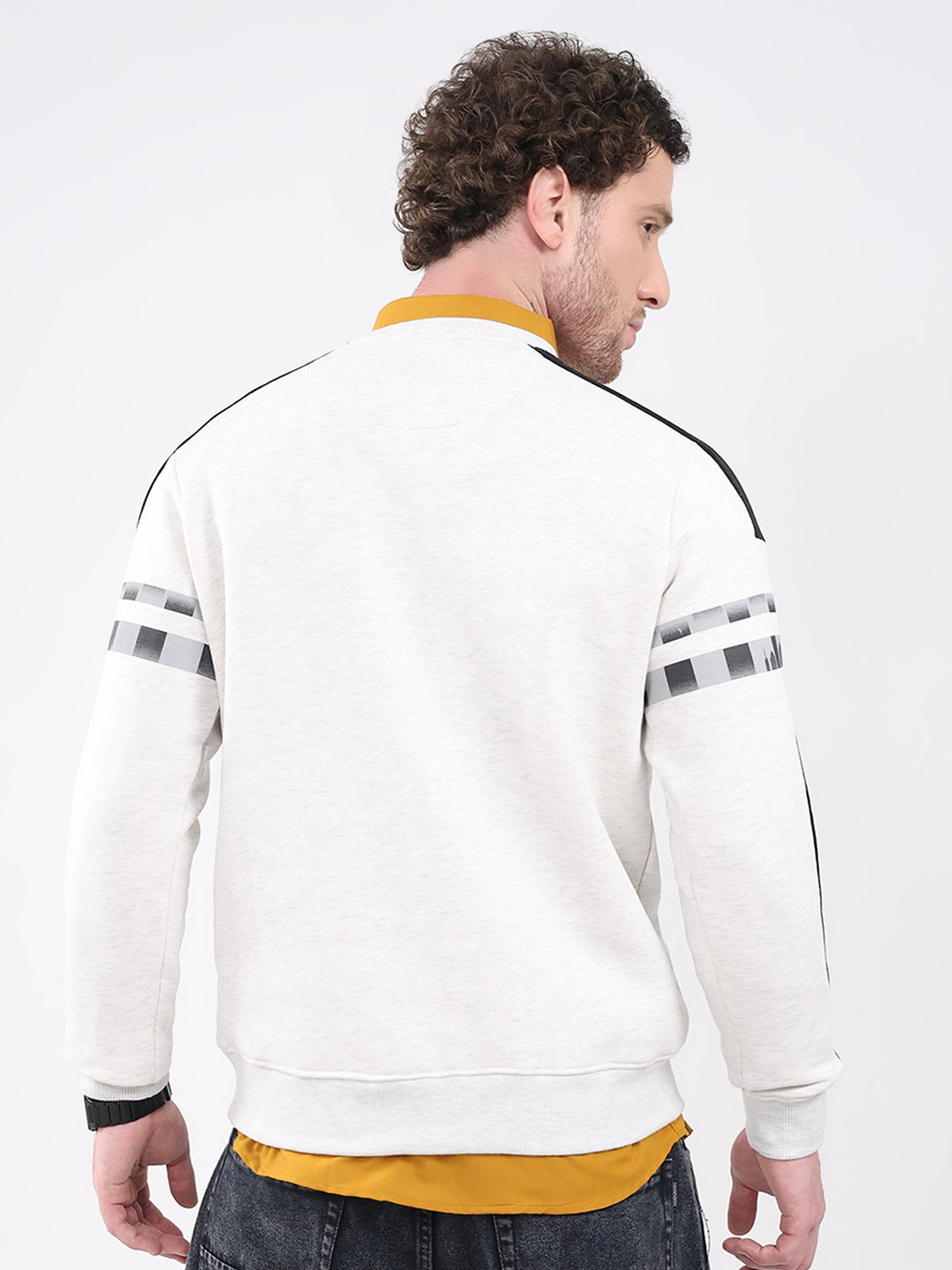 Men Off White Printed Round Neck Full Sleeve Sweatshirt