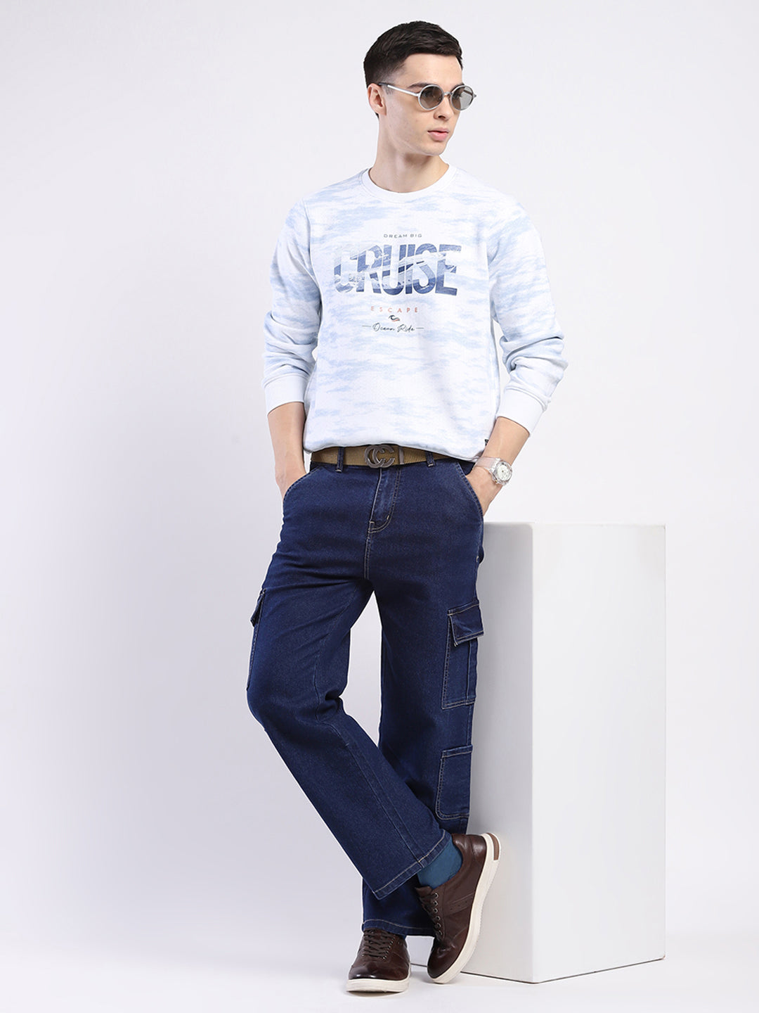 Men White Printed Round Neck Full Sleeve Sweatshirt