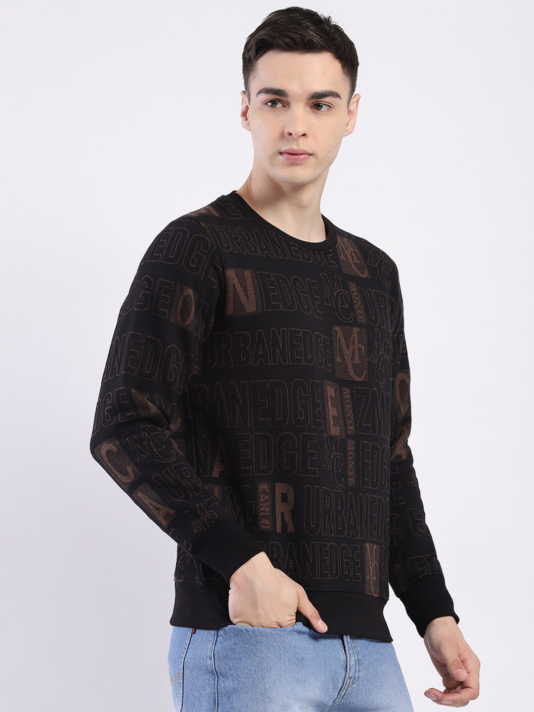 Men Black Printed Round Neck Full Sleeve Sweatshirt
