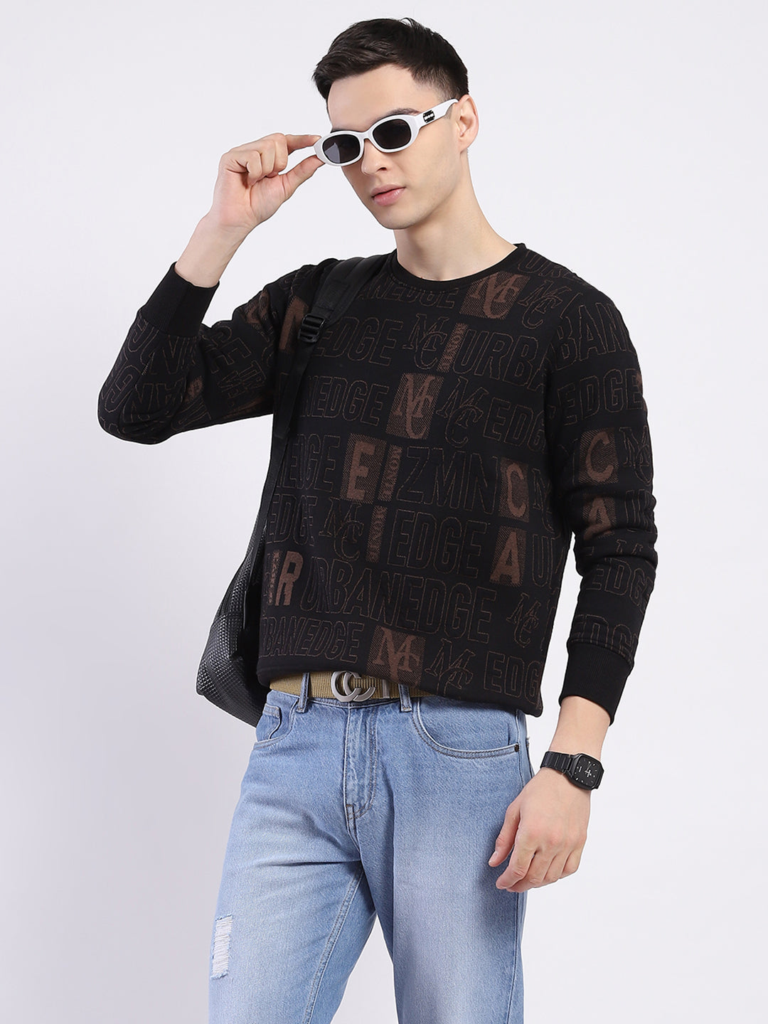 Men Black Printed Round Neck Full Sleeve Sweatshirt