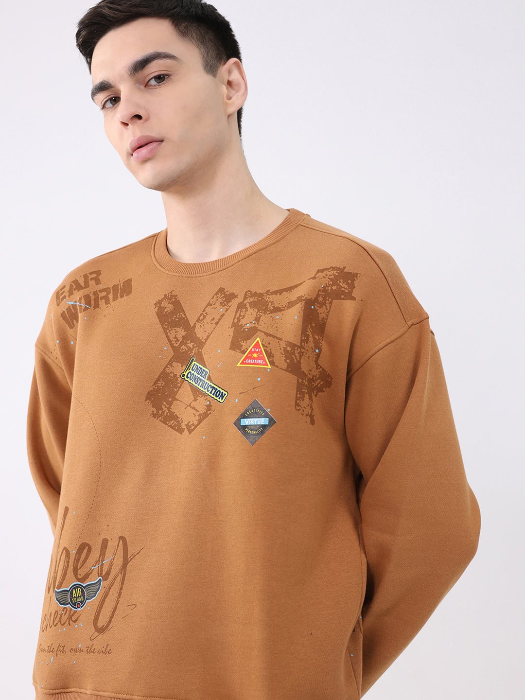 Men Tan Printed Round Neck Full Sleeve Sweatshirt