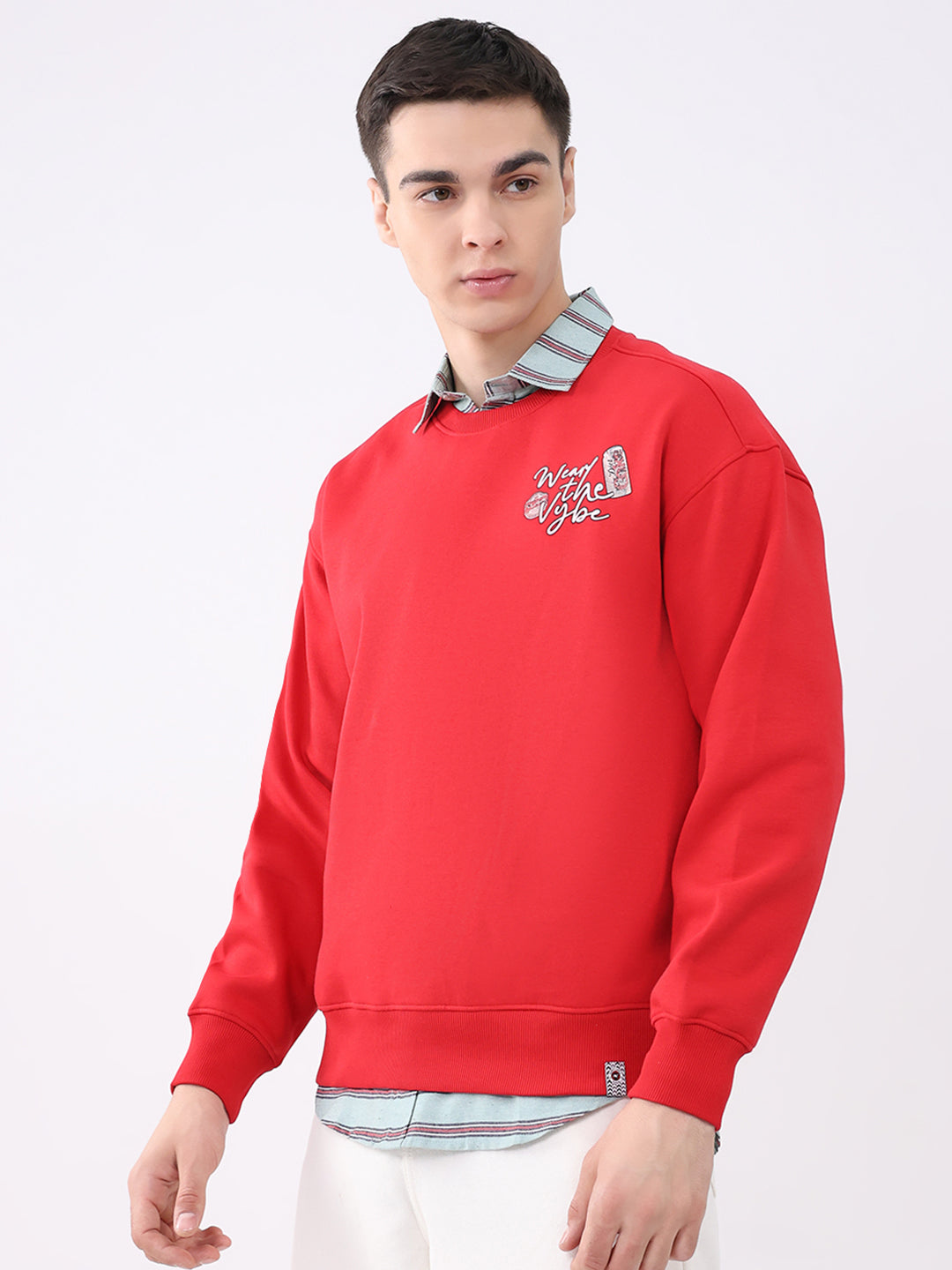 Men Red Printed Round Neck Full Sleeve Sweatshirt