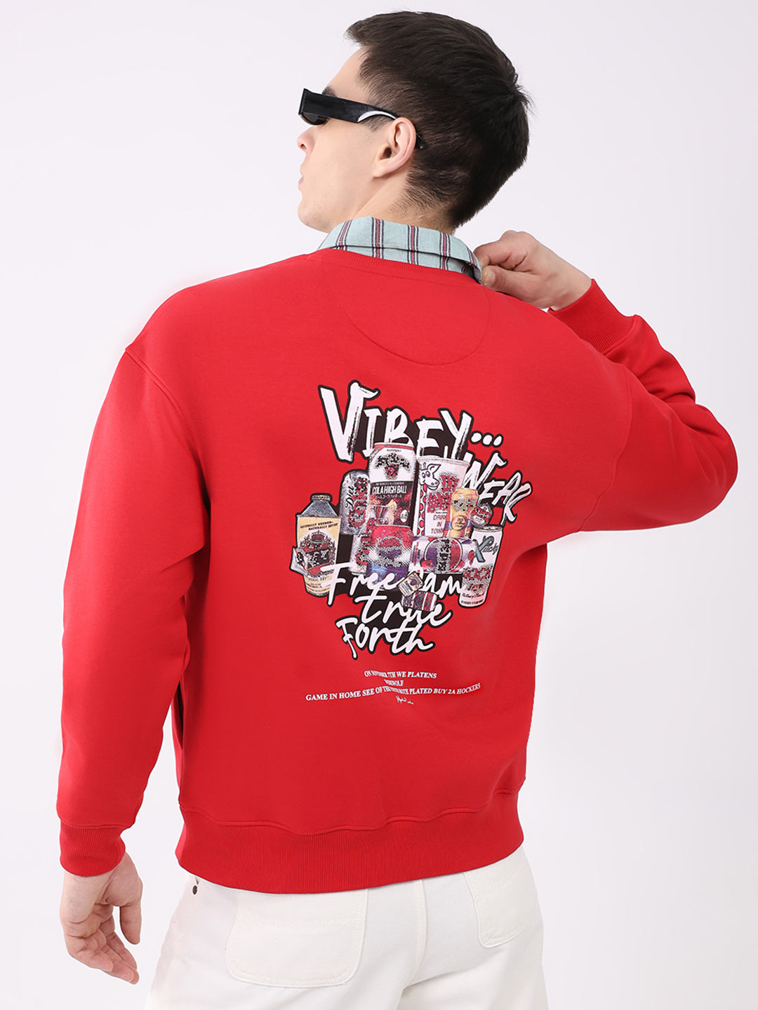 Men Red Printed Round Neck Full Sleeve Sweatshirt