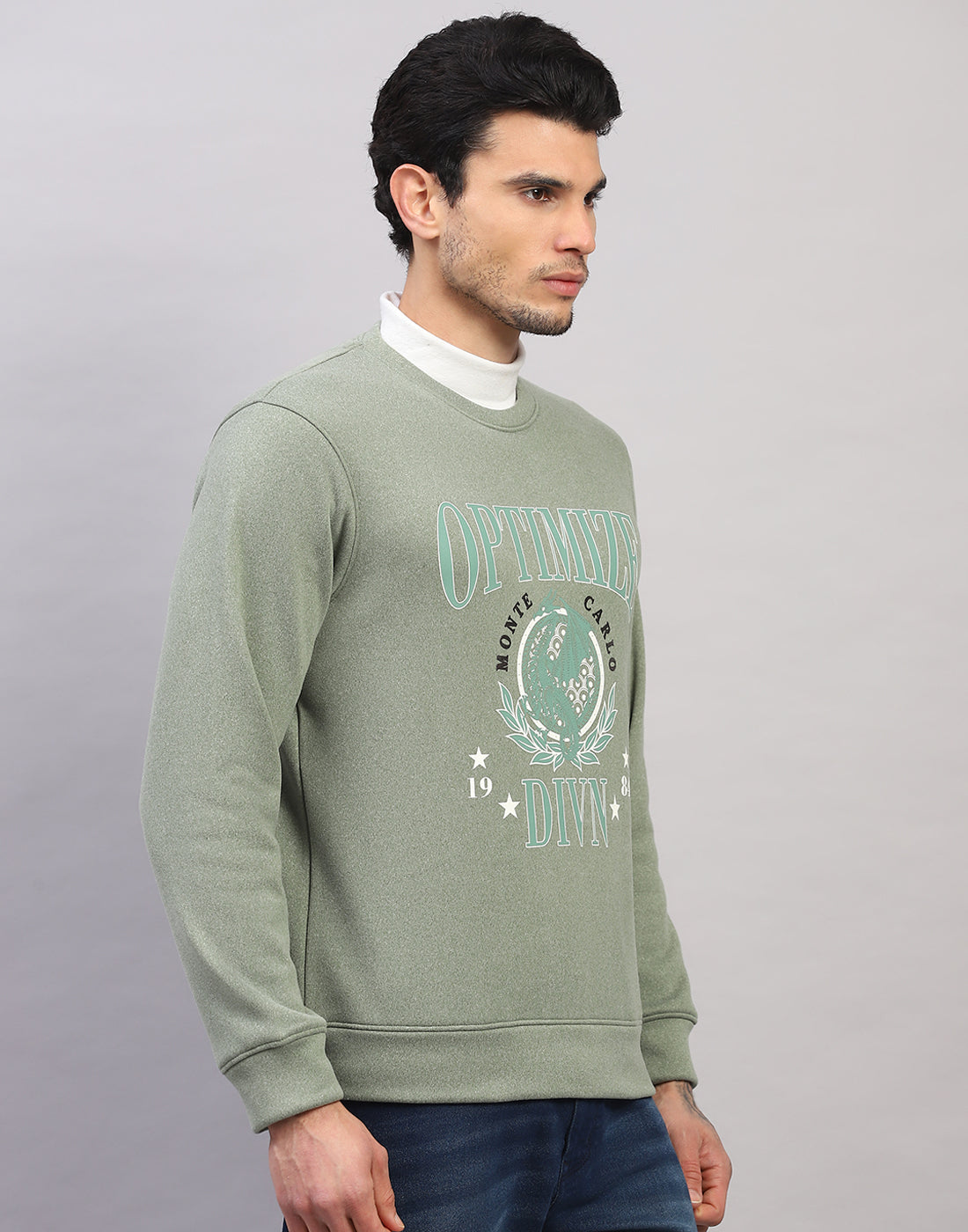 Men Green Printed Round Neck Full Sleeve Sweatshirt